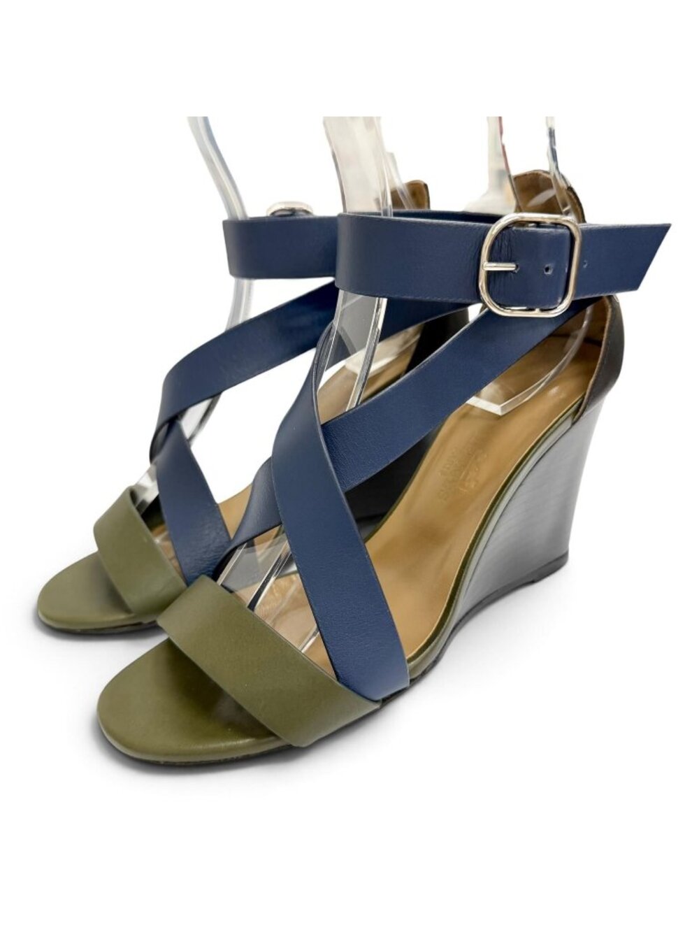 Hermes Leather Cross Strap Wedge Sole Sandals Navy Khaki Silver